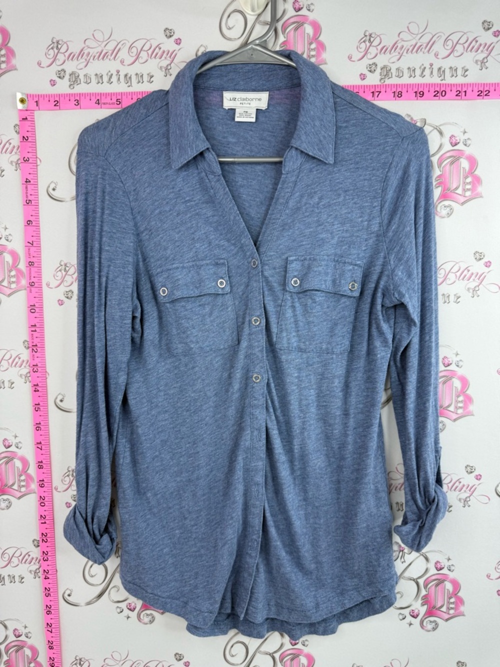 Liz Claiborne button up shirt collar Heather Blue Long Sleeve Button Front Shirt
